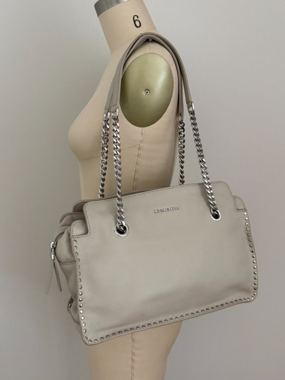 Michael Kors Astor Large Leather Satchel Studded Chain Bag Gray Quiet Luxury